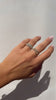 The Split Baguette Ring is the bottom ring on the middle finger